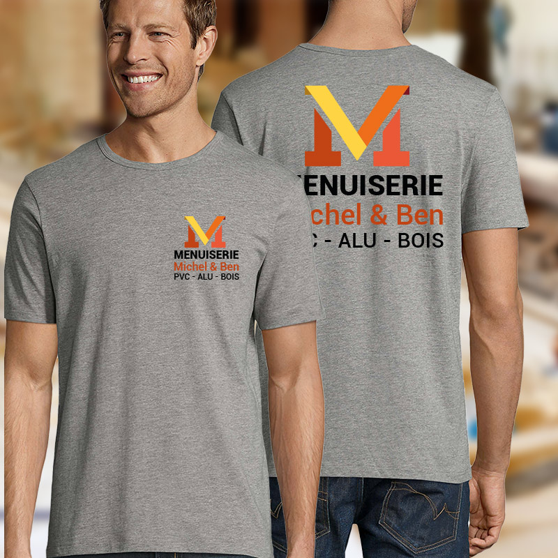 menuisier avec tshirt gris personnalisé face et dos