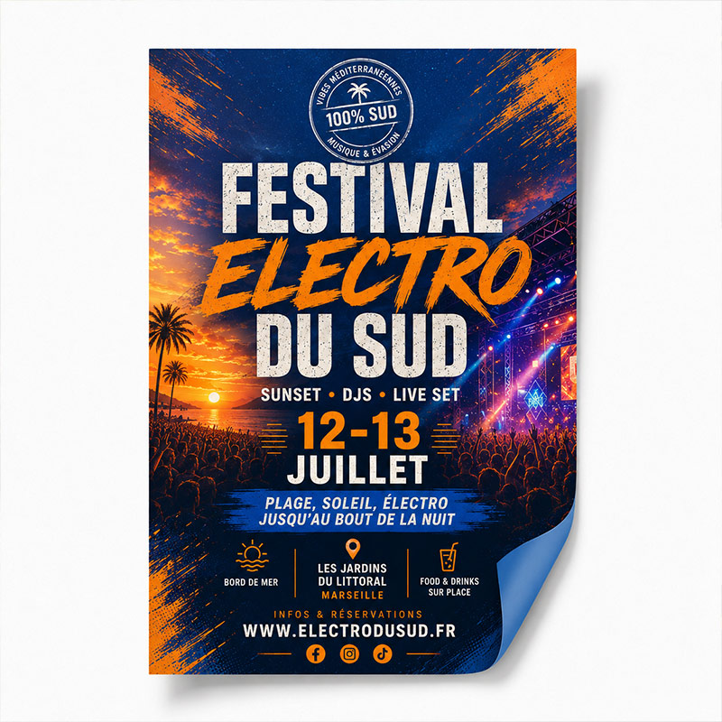 Affiche imprimée sur papier dos bleu, accrochée au mur en briques
