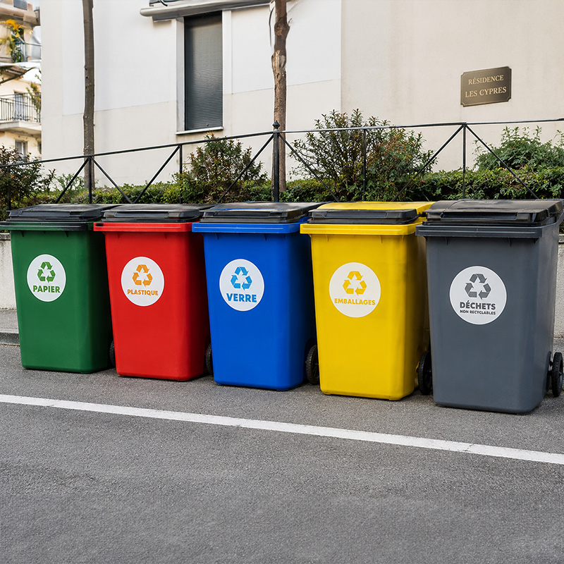 Adhésifs brillants collés sur poubelles de couleur