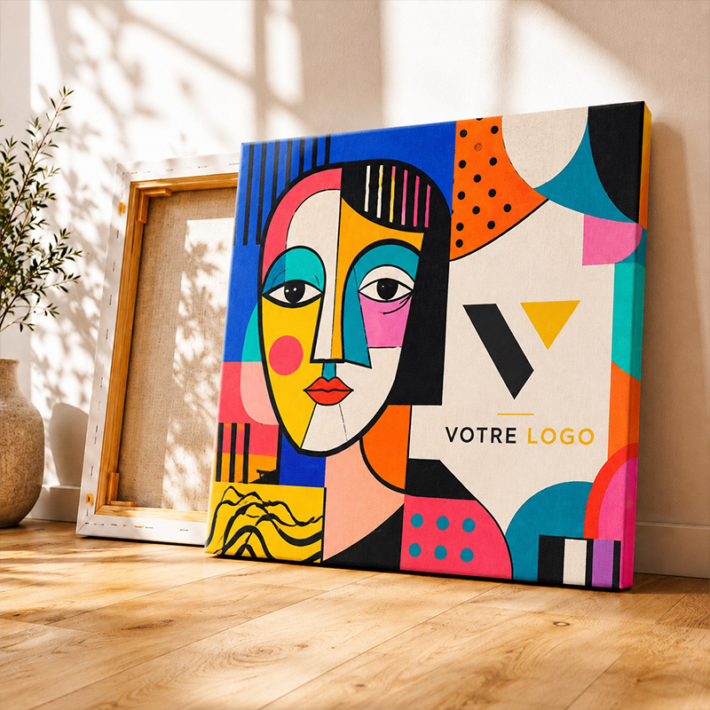 Toile 100% polyester représentant un groupe d'amis, avec détail du cadre vu de dos