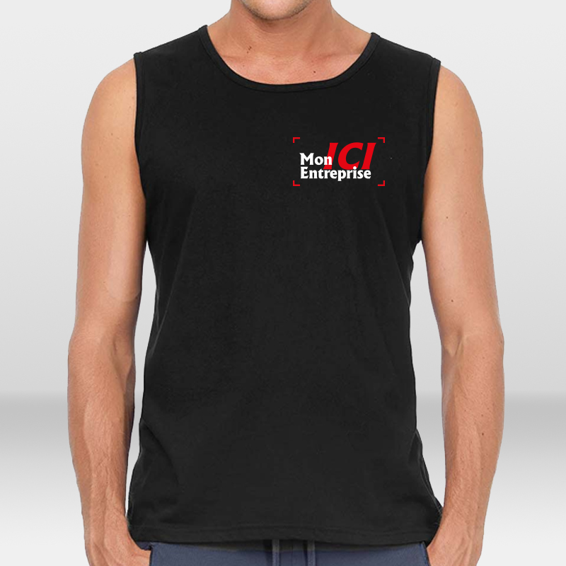 Homme de face avec un t shirt sans manches personnalisé à l'image de son entreprise en sérigraphie 2 couleurs