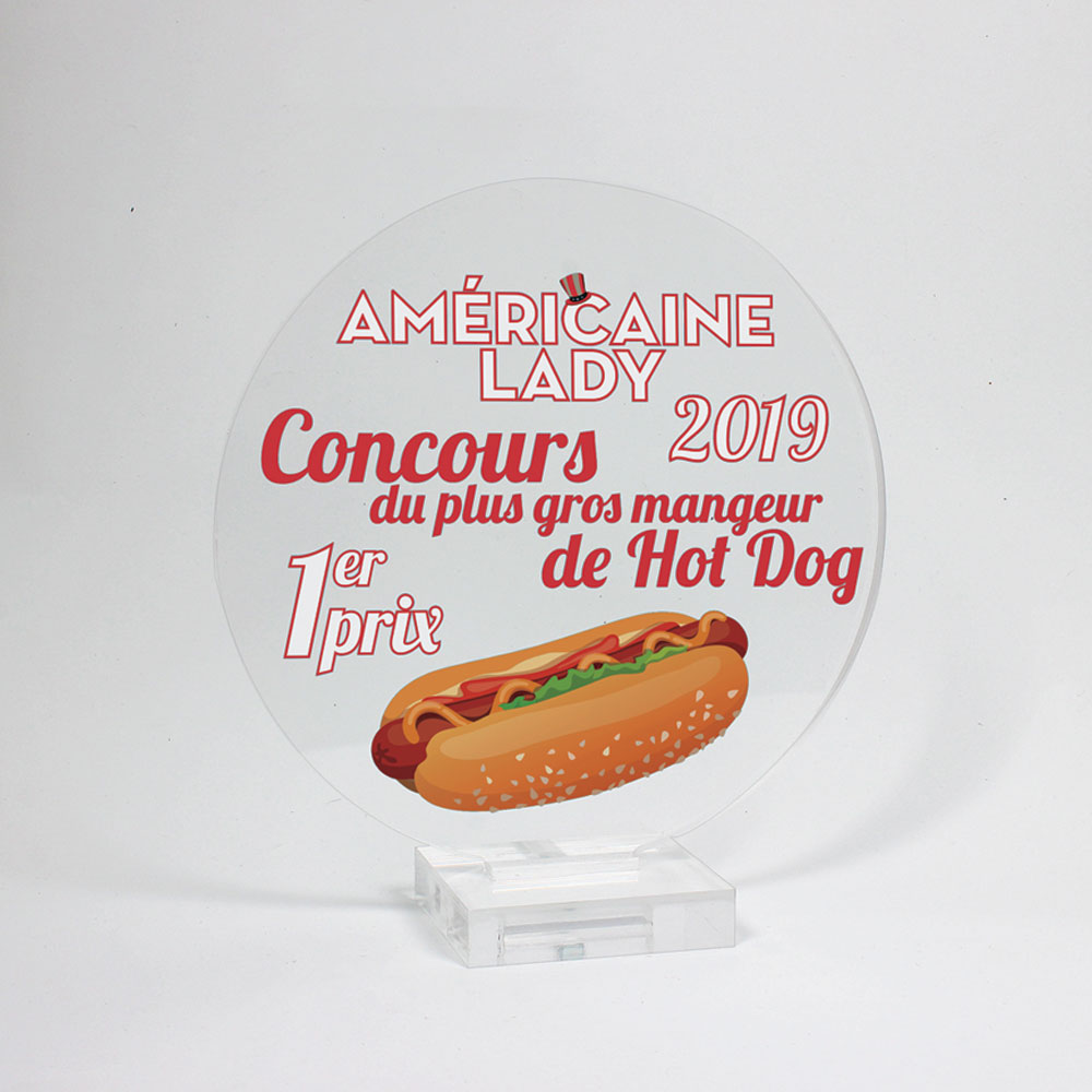 Trophée à personnaliser en verre-plexiglass avec découpe ronde et pied pour concours