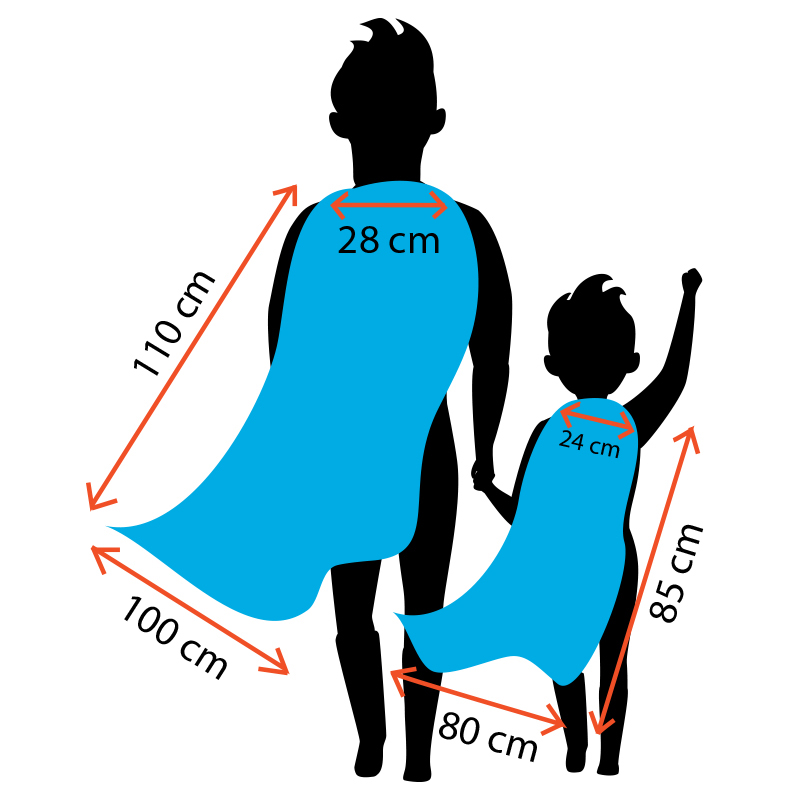 Cape personnalisée pour événements, salon et courses super-héros : dimensions en coupe adultes et enfant