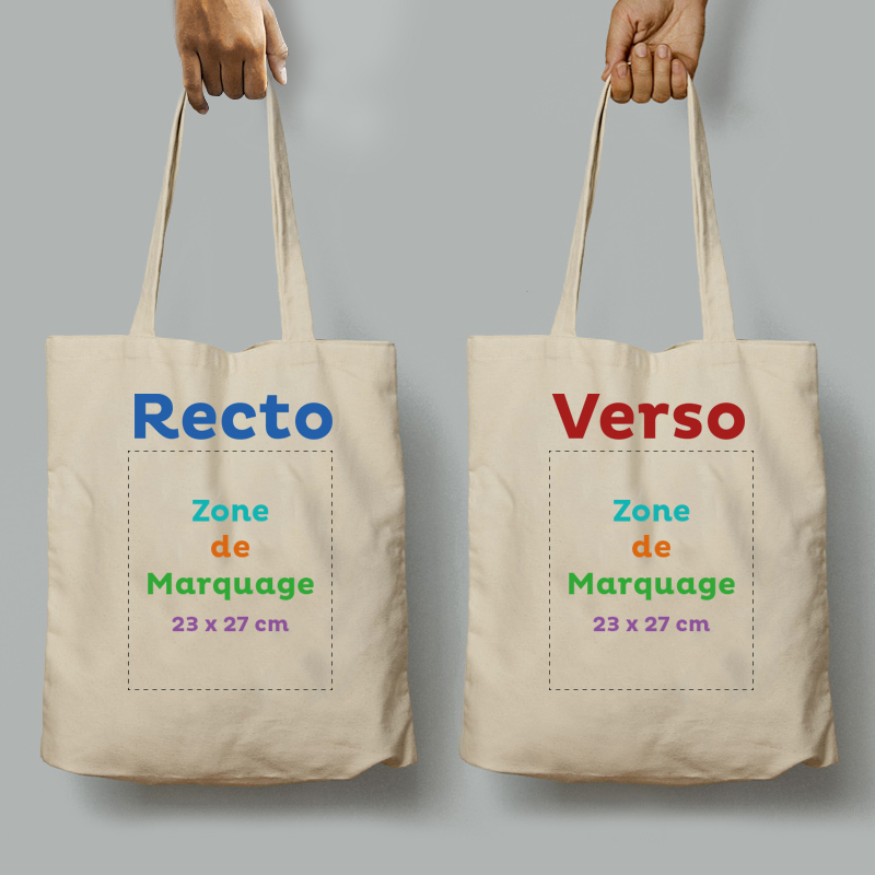 Deux mains tenant deux totebags : impression recto et verso en plusieurs couleurs