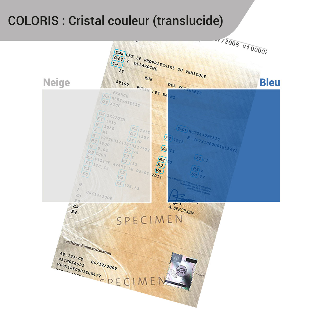 étui porte carte grise 3 volets cristal couleur