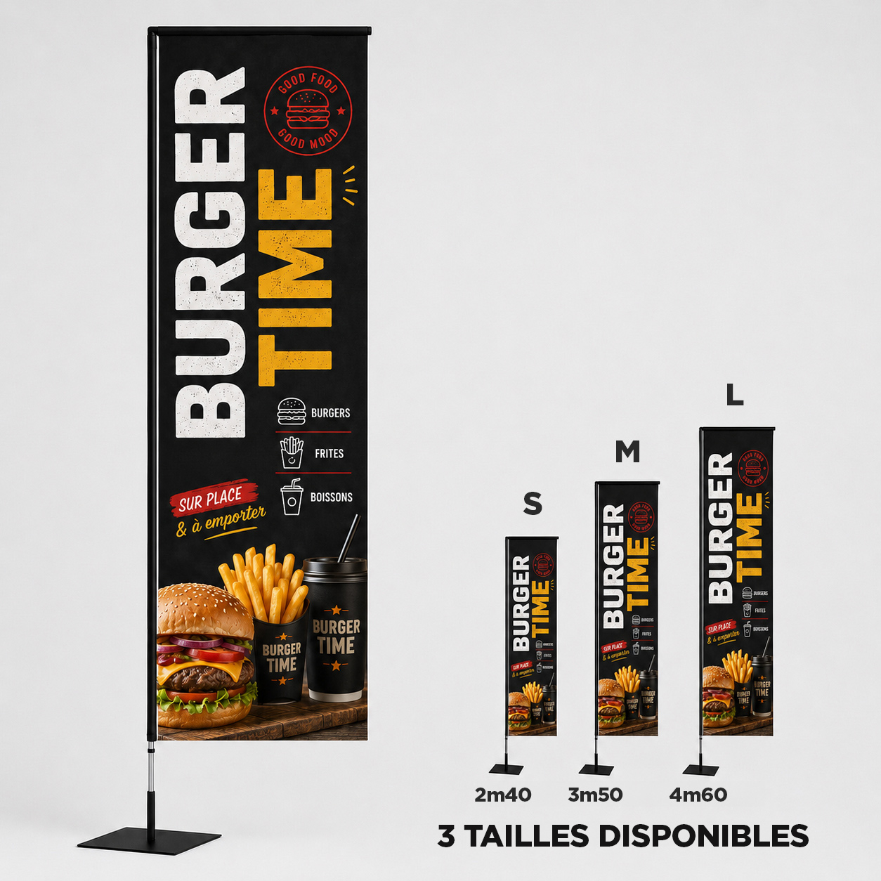 Drapeaux oriflammes beachflags - forme potence - personnalisés en couleurs dans 3 tailles différentes 240, 350 et 460 cm