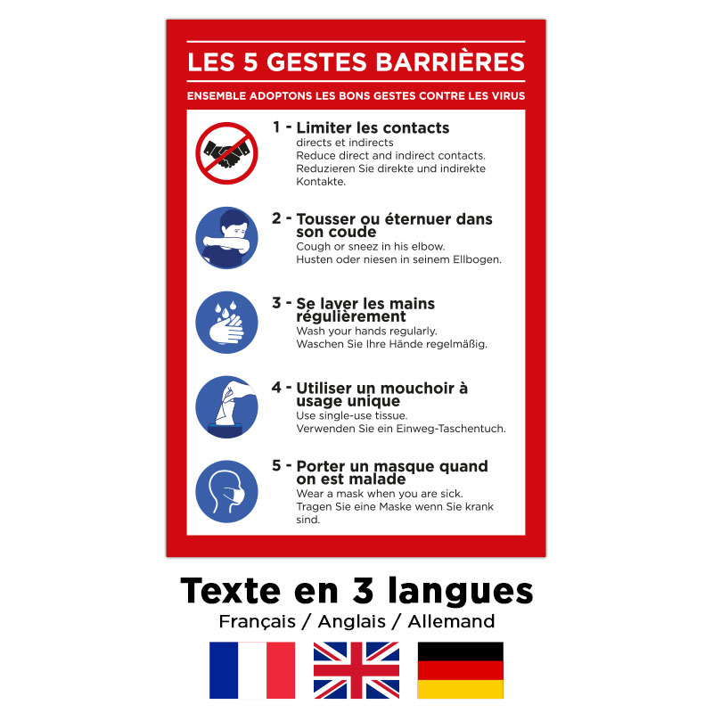 Sticker pour voiture transport professionnel (compagnie de bus, taxi, VTC, ...) avec gestes barrières en 3 langues : français, anglais et allemand.