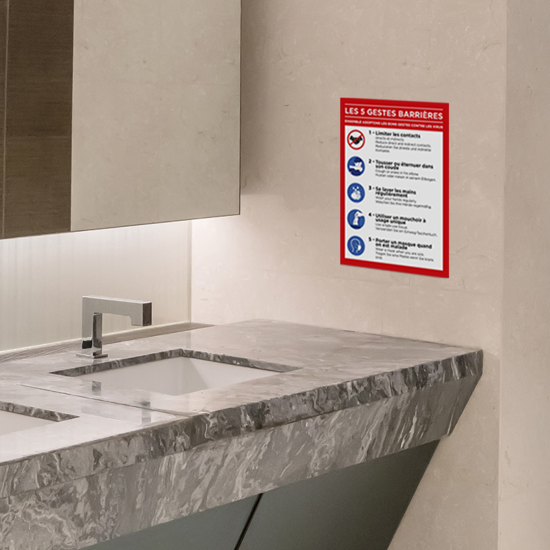 sticker trilingue adhesifs gestes barriere covid-19 collé dans des sanitaires collectifs