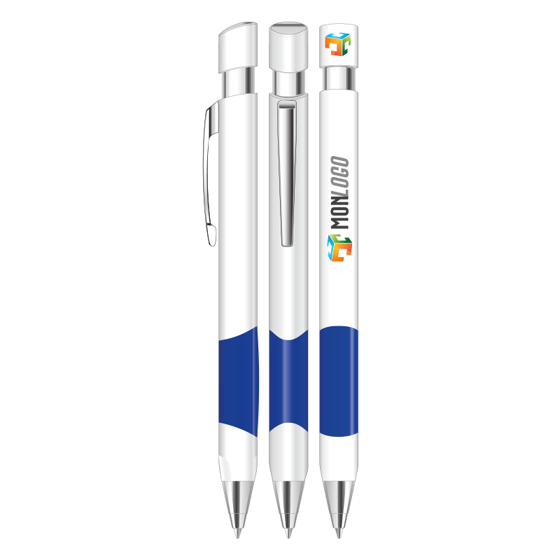 Stylo bille personnalisé avec marquage sur le corps et le capuchon en couleurs. Stylo blanc avec grip de préhension bleu.