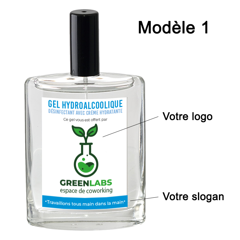 Gel hydroalcoolique publicitaire  en spray avec etiquette personnalisee posé sur fond blanc