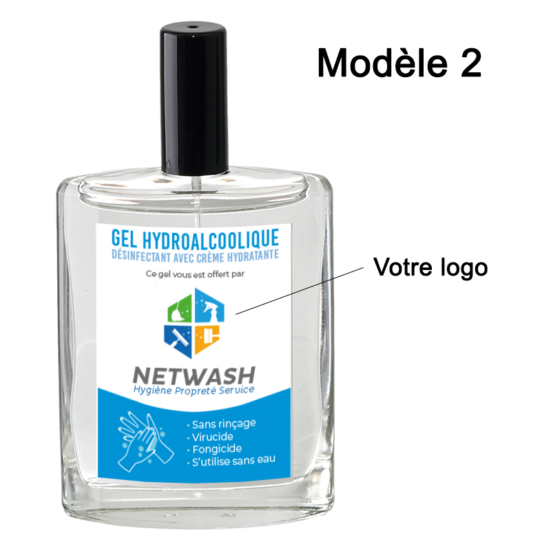 Gel hydroalcoolique publicitaire  en spray avec etiquette personnalisee posé sur fond blanc