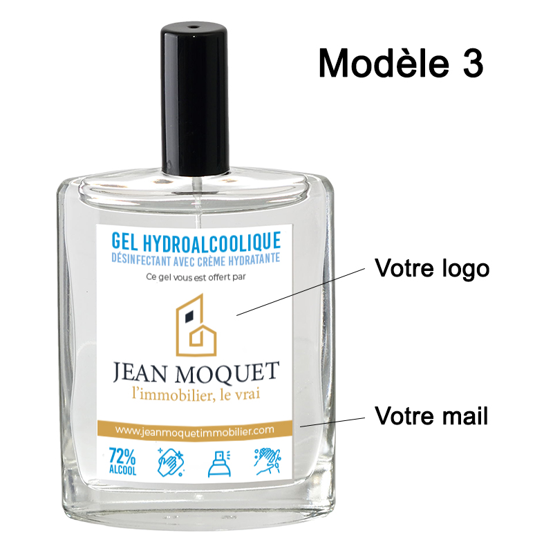 Gel hydroalcoolique publicitaire  en spray avec etiquette personnalisee posé sur fond blanc