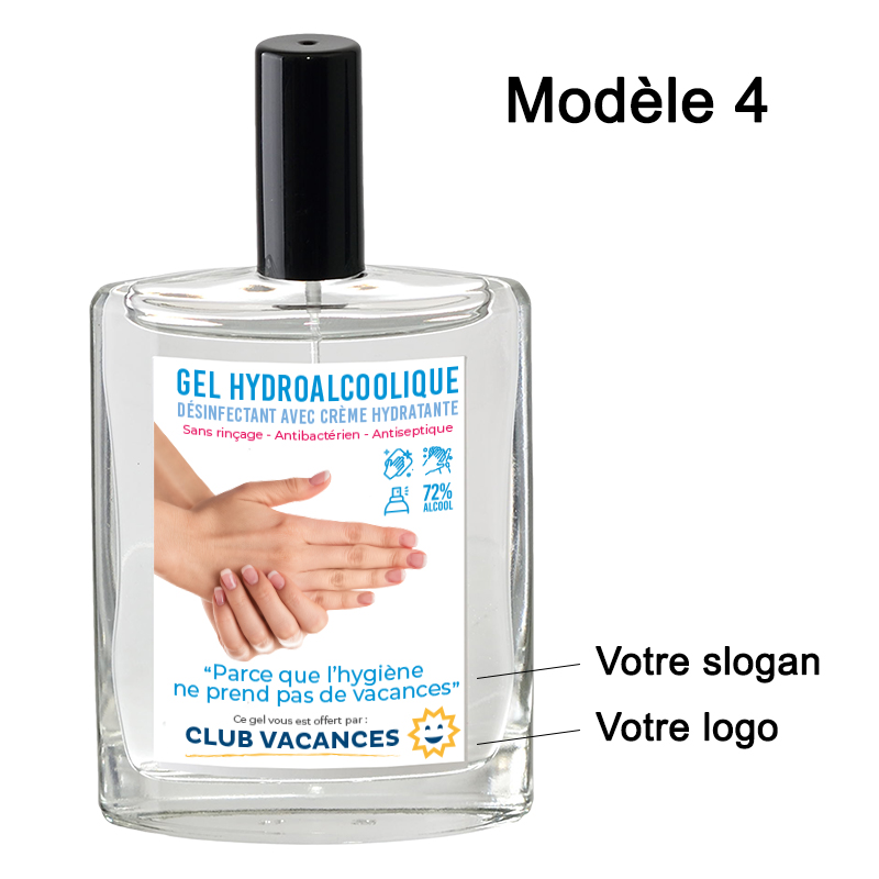 Gel hydroalcoolique publicitaire  en spray avec etiquette personnalisee posé sur fond blanc