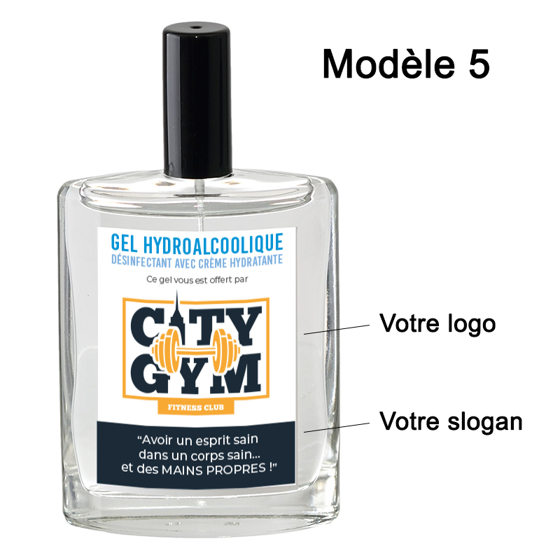 Gel hydroalcoolique publicitaire  en spray avec etiquette personnalisee posé sur fond blanc