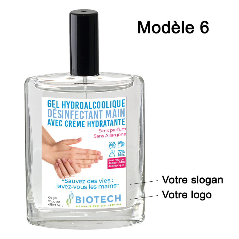 Gel hydroalcoolique publicitaire  en spray avec etiquette personnalisee posé sur fond blanc