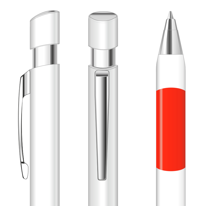 Détail du stylo bille personnalisé EVE avec agrafe en métal, corps en plastique ABS blanc et grip de préhension en gomme rouge